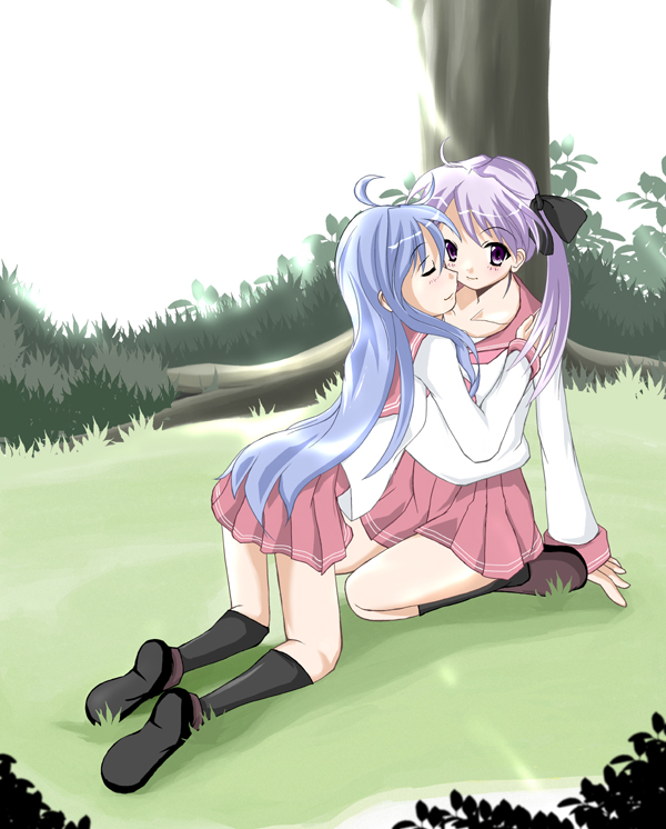iwashita, hiiragi kagami, izumi konata, lucky star, bad id, bad pixiv id, 00s, 2girls, ahoge, blue hair, long hair, multiple girls, purple hair, ribbon, twintails, yuri