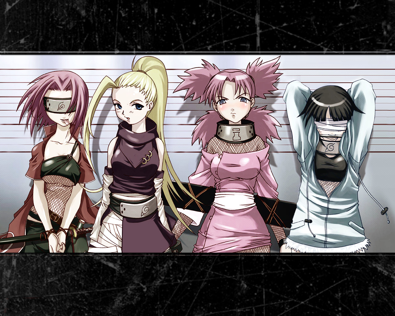tasaka shinnosuke, haruno sakura, hyuuga hinata, temari (naruto), yamanaka ino, naruto (classic), naruto (series), 4girls, bdsm, blindfold, blonde hair, bondage, bound, fishnets, gag, gagged, multiple girls, sword, weapon