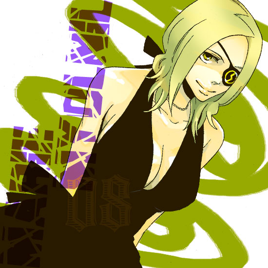 zero takahashi, marie mjolnir, soul eater, 00s, blonde hair, dress, eyepatch, halterneck, solo, yellow eyes