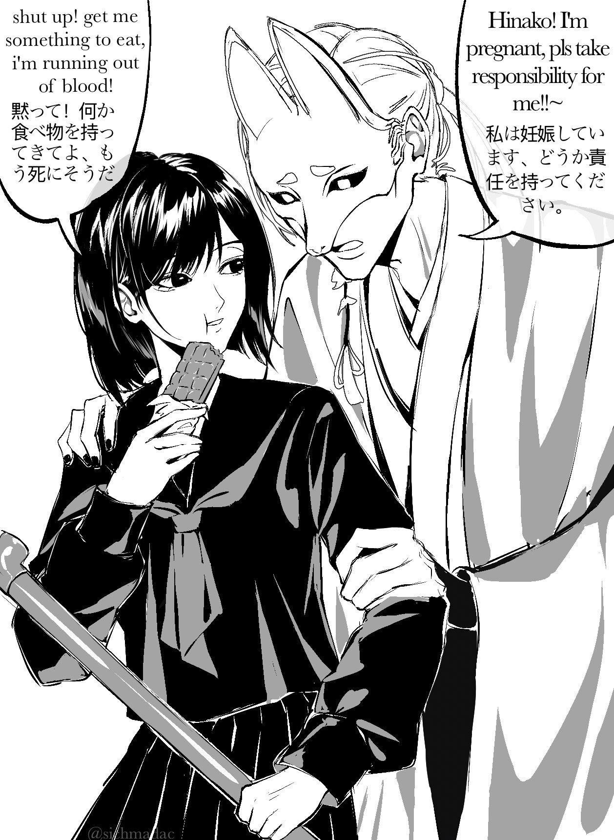 rokibent, fox mask (silent hill), shimizu hinako, silent hill (series), silent hill f, highres, translated, 1boy, 1girl, black hair, black nails, black sailor collar, black sclera, black serafuku, black shirt, black skirt, blunt ends, candy, chocolate, chocolate bar, colored sclera, couple, cowboy shot, earrings, eating, english text, food, fox mask, grey neckerchief, hand on another's shoulder, hetero, holding, holding another's arm, holding food, holding lead pipe, japanese clothes, jewelry, lead pipe, long hair, male pregnancy, mask, nail polish, neckerchief, parted lips, ponytail, robe, sailor collar, school uniform, serafuku, shirt, short hair, single earring, skirt, tassel, tassel earrings, white background, white hair, white robe