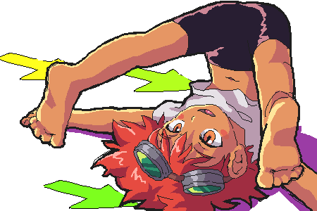 numama, ro (numama), edward wong hau pepelu tivrusky iv, cowboy bebop, lowres, 1990s (style), 1girl, androgynous, arrow (symbol), barefoot, bend, bike shorts, blush stickers, dark-skinned female, dark skin, feet, female focus, goggles, midriff, oekaki, orange eyes, pixel art, red hair, retro artstyle, reverse trap, short hair, smile, solo, tomboy, top-down bottom-up, upside-down