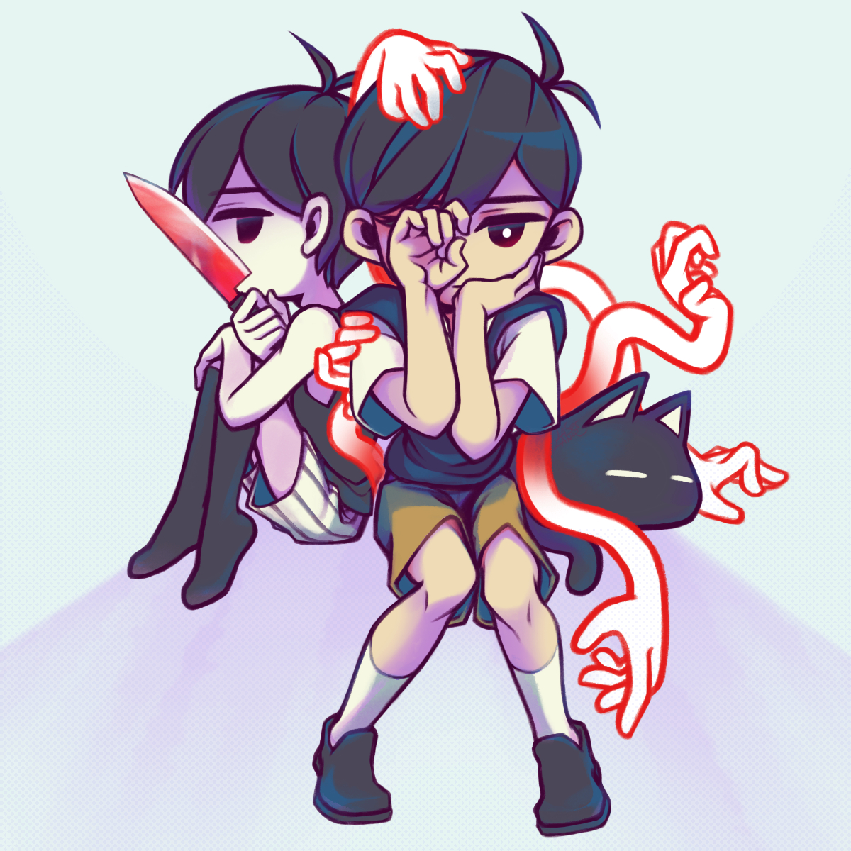 laser-lance, mewo, omori (omori), sunny (omori), omori, highres, 2boys, antenna hair, black eyes, black hair, black shoes, black socks, black sweater vest, black tank top, bright pupils, brown shorts, cat, closed mouth, collared shirt, colored skin, dual persona, holding, holding knife, kneehighs, knife, looking at viewer, male focus, multiple boys, shirt, shoes, short hair, short sleeves, shorts, sitting, socks, striped clothes, striped shorts, sweater vest, tank top, vertical-striped clothes, vertical-striped shorts, white background, white pupils, white shirt, white shorts, white skin, white socks