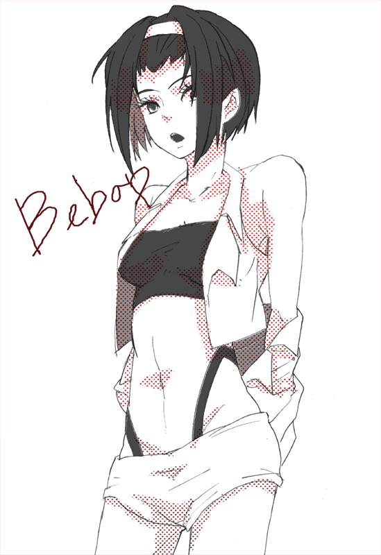 hakushoku, faye valentine, cowboy bebop, bad id, bad pixiv id, 1990s (style), 1girl, bare shoulders, black hair, female focus, hairband, halftone, midriff, monochrome, red theme, retro artstyle, short hair, solo, strapless, tube top, vest