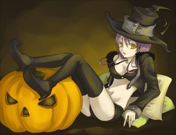 blair (soul eater), soul eater, 00s, bikini, bikini top only, boots, hat, jack-o'-lantern, jacket, pumpkin, purple hair, shorts, solo, swimsuit, thigh boots, thighhighs, witch hat, yellow eyes