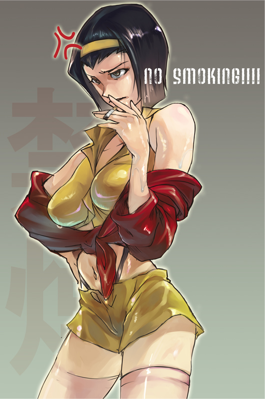 u no inoshishi, u to i, faye valentine, cowboy bebop, 1990s (style), 1girl, angry, bare shoulders, black hair, brown eyes, cigarette, female focus, forced to smoke, hairband, midriff, retro artstyle, short hair, shorts, smoking, solo, sweater, thighhighs
