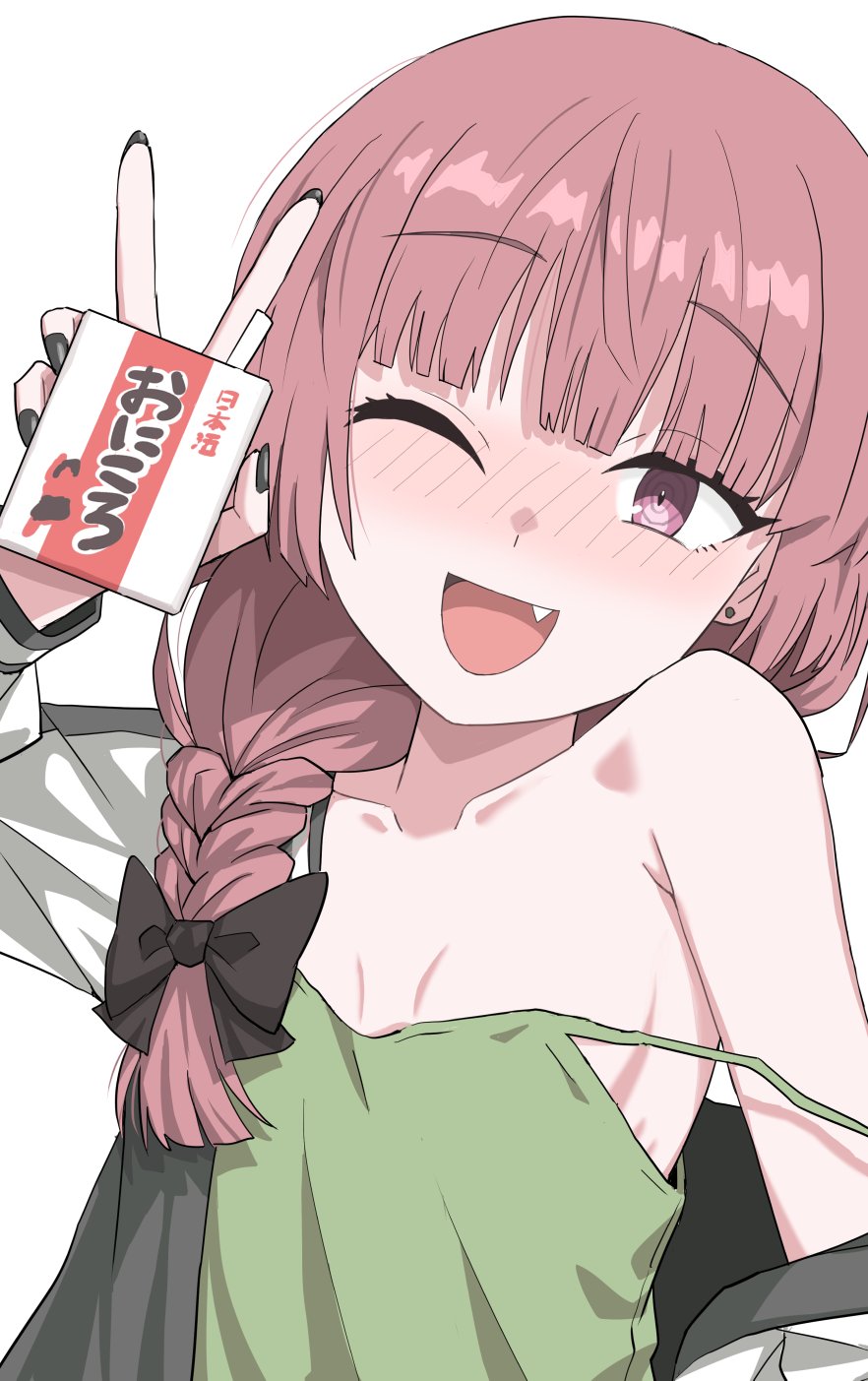 halulu, hiroi kikuri, bocchi the rock!, highres, 1girl, ;d, alcohol carton, black bow, black nails, blunt bangs, blush, bow, braid, braided ponytail, breasts, collarbone, dress, drunk, fang, green dress, hair bow, hair over shoulder, holding carton, jacket, long hair, multicolored jacket, nail polish, no bra, one eye closed, open clothes, open jacket, open mouth, purple eyes, red hair, ribs, ringed eyes, simple background, single braid, sleeveless, sleeveless dress, small breasts, smile, solo, two-tone jacket, upper body, v, white background