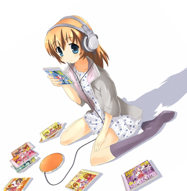 haiteku, hiiragi kagami, hiiragi tsukasa, izumi konata, kusakabe misao, takara miyuki, lucky star, bad id, bad pixiv id, 00s, blue eyes, brown hair, cd, headphones, sitting, socks, solo