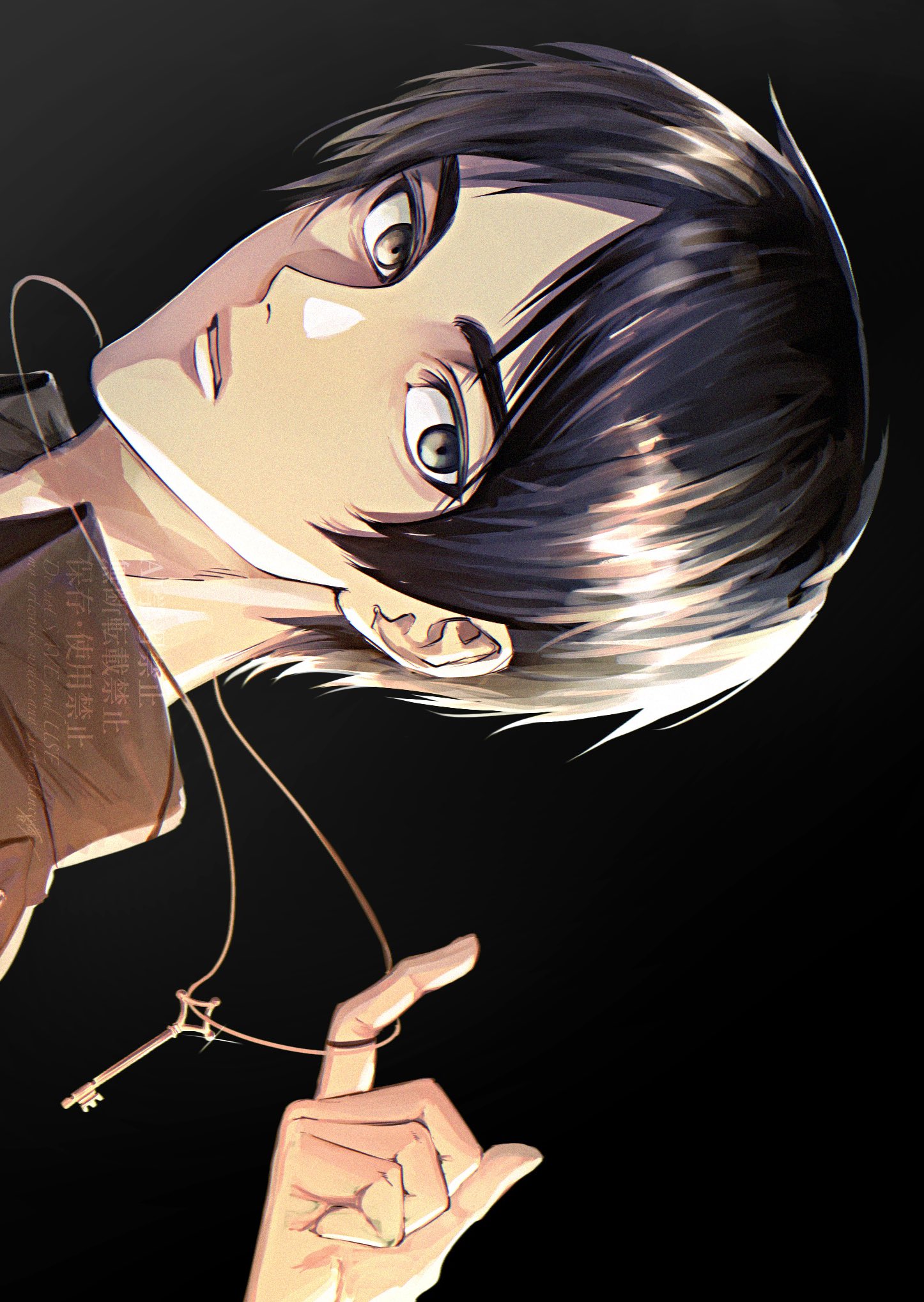 sngk ej0506, eren yeager, shingeki no kyojin, highres, 1boy, black background, brown hair, brown jacket, grey eyes, holding, holding jewelry, holding necklace, jacket, jewelry, key, key necklace, looking at viewer, male focus, military jacket, necklace, parted bangs, parted lips, short hair, sparkle, upper body, watermark