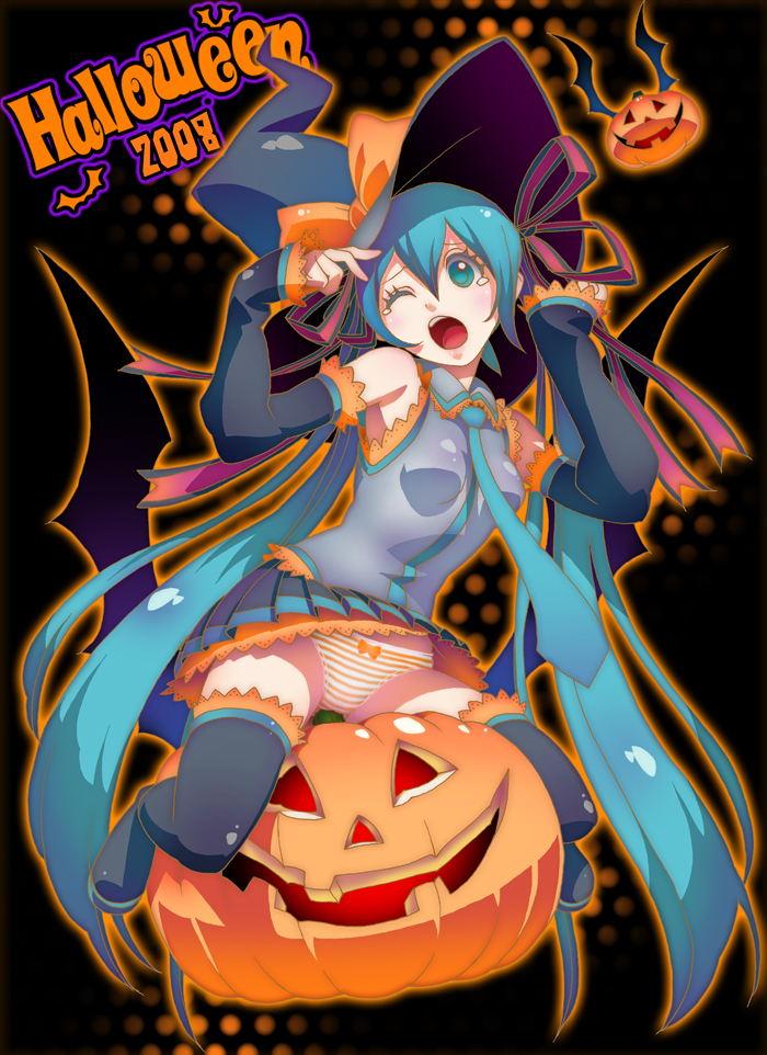 masyu, hatsune miku, vocaloid, bad id, bad pixiv id, 00s, 1girl, 2008, blue hair, clothes lift, female focus, halloween, jack-o'-lantern, long hair, one eye closed, orange panties, panties, pantyshot, pumpkin, skirt, skirt lift, solo, striped clothes, striped panties, thighhighs, underwear, upskirt, very long hair, wink