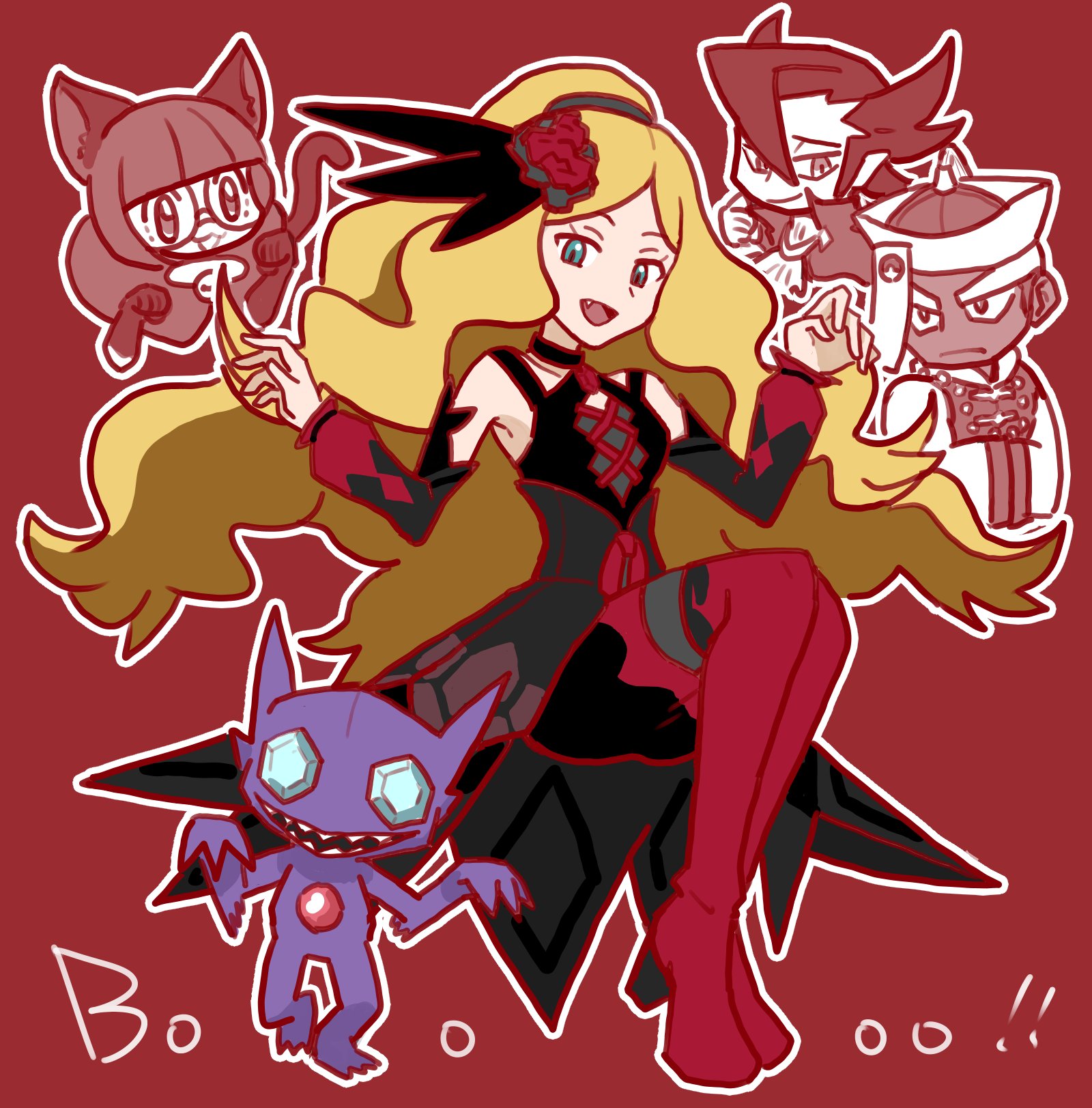 alzkcfbea7hihpw, caitlin (fall 2021) (pokemon), caitlin (pokemon), grimsley (pokemon), marshal (pokemon), sableye, shauntal (pokemon), nintendo, pokemon, pokemon bw, pokemon masters ex, highres, 2boys, 2girls, animal ears, black dress, blonde hair, blue eyes, cat ears, cat tail, dress, fang, gen 3 pokemon, ghost pose, long hair, looking at viewer, multiple boys, multiple girls, official alternate costume, ofuda, outline, pokemon (creature), red shoes, red theme, shoes, tail, very long hair, white outline
