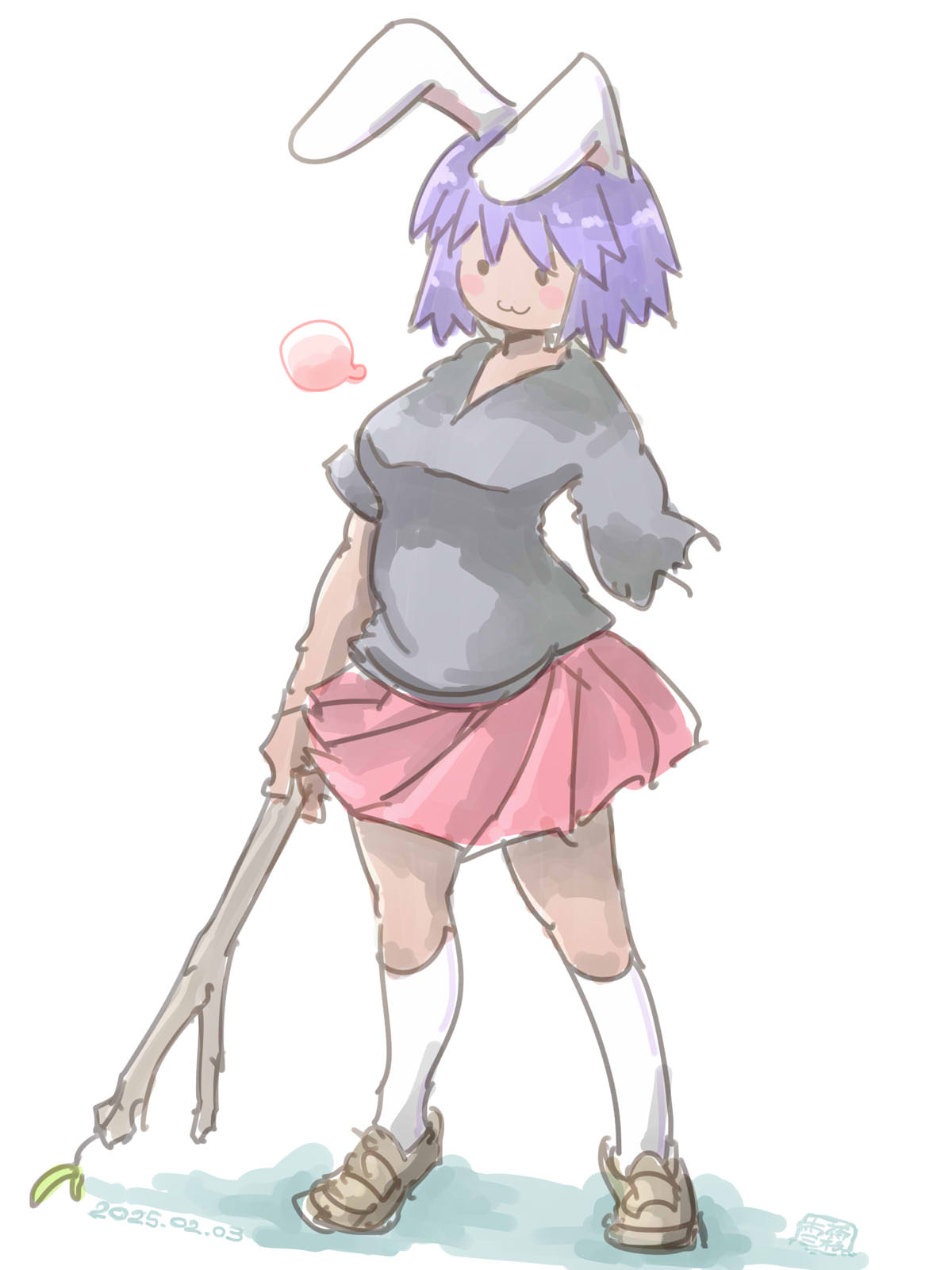 itini-sanshi, fake hisui (cookie), reisen udongein inaba, cookie (touhou), touhou, commentary request, highres, 1girl, animal ears, breasts, brown shoes, closed mouth, dated, full body, grey shirt, holding, holding stick, looking at viewer, medium breasts, mob face, pink skirt, pleated skirt, purple hair, rabbit ears, shirt, shoes, short hair, simple background, skirt, socks, solid circle eyes, solo, stick, white background, white socks
