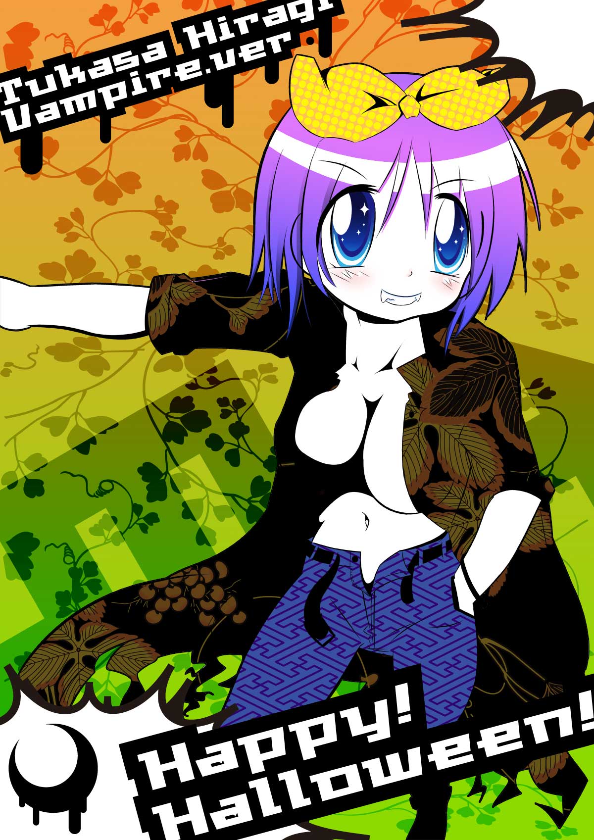 mizuna nazumi, hiiragi tsukasa, lucky star, bad id, bad pixiv id, highres, 00s, 1girl, blue eyes, breasts, cleavage, fang, fangs, female focus, halloween, happy halloween, large breasts, no bra, open clothes, open shirt, purple hair, ribbon, shirt, short hair, solo, vampire