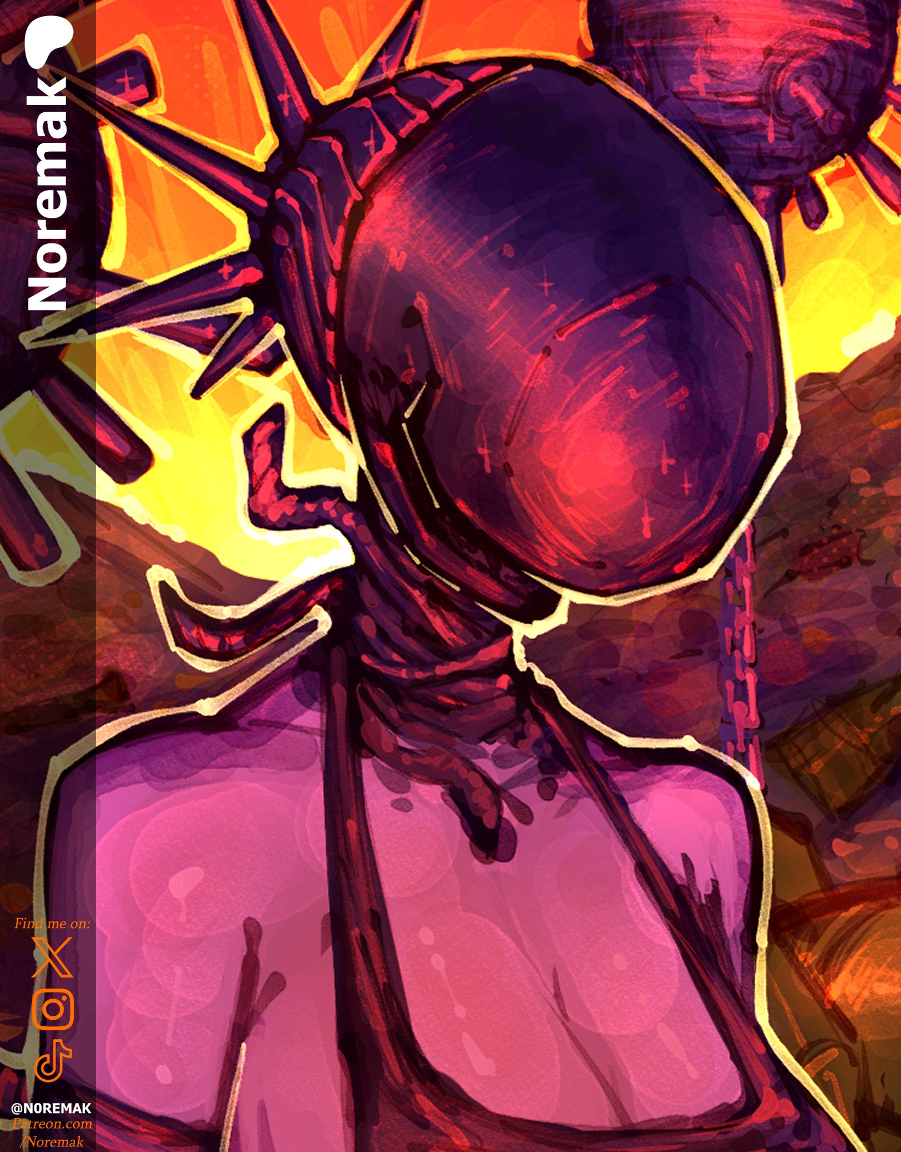 noremmak, bomb devil (chainsaw man), chainsaw man, commentary, english commentary, highres, 1girl, apron, black apron, breasts, chain, cleavage, explosive, instagram logo, large breasts, mine (weapon), object head, patreon logo, patreon username, solo, tiktok logo, twitter x logo