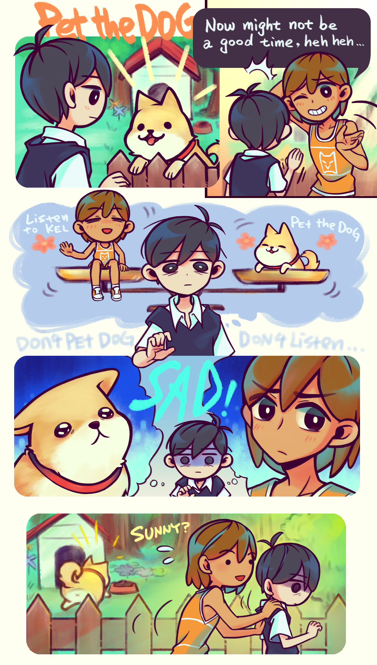 laser-lance, hector (omori), kel (faraway) (omori), kel (omori), sunny (omori), omori, highres, 2boys, black eyes, black hair, black sweater vest, bowl, bright pupils, brown hair, chibi, closed mouth, collarbone, collared shirt, dark-skinned male, dark skin, day, dog, doghouse, english text, fence, grin, looking at another, male focus, multiple boys, one eye closed, orange shorts, outdoors, parted lips, pet bowl, picket fence, pinwheel, shirt, short hair, short sleeves, shorts, smile, speech bubble, sweater vest, teeth, thought bubble, white pupils, white shirt, wooden fence