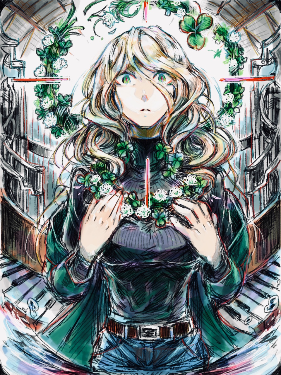 tsundoku, kiryuu keisatsu, character request, highres, 1girl, belt, black shirt, blonde hair, breasts, clover, denim, denim shorts, flower, flower wreath, green eyes, green jacket, instrument, jacket, large breasts, library, long hair, long sleeves, looking at viewer, piano, piano keys, shirt, shorts, white flower, wreath