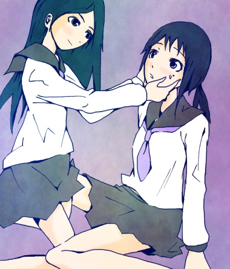 kaga ai, kitsu chiri, sayonara zetsubou sensei, non-web source, 00s, 2girls, black hair, female focus, gradient background, long hair, mole, mole under eye, multiple girls, parted bangs, ponytail, school uniform, serafuku, tears