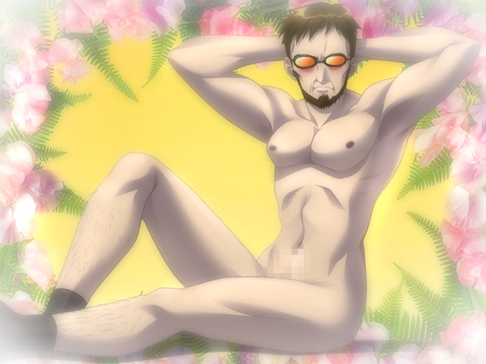 ikari gendou, neon genesis evangelion, gleam, 1boy, arms up, beard, blush, censored, fabulous, facial hair, flower, glasses, hairy legs, male focus, manly, nude, pointless censoring, socks, solo, sunglasses