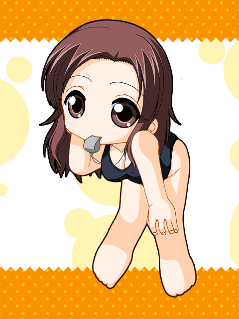 keito (keito-ya), hoshino yuumi, kimi kiss, abstract background, ben-day dots, black one-piece swimsuit, breasts, brown eyes, brown hair, chibi, chibi inset, cleavage, collarbone, curtained hair, fingernails, forehead, hair intakes, hand on own knee, knees together feet apart, medium breasts, no nose, one-piece swimsuit, screentones, solid circle pupils, swimsuit, wavy hair, whistle, whistle around neck