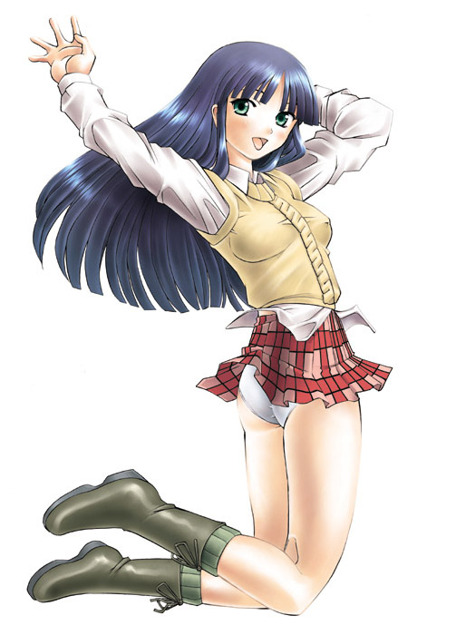 sakai hamachi, shinozuka arashi, gad guard, 00s, 1girl, aran sweater, black hair, boots, cable knit, female focus, green eyes, jumping, kneeling, long hair, panties, pantyshot, plaid clothes, plaid skirt, skirt, solo, sweater, sweater vest, underwear, vest, waving, white panties