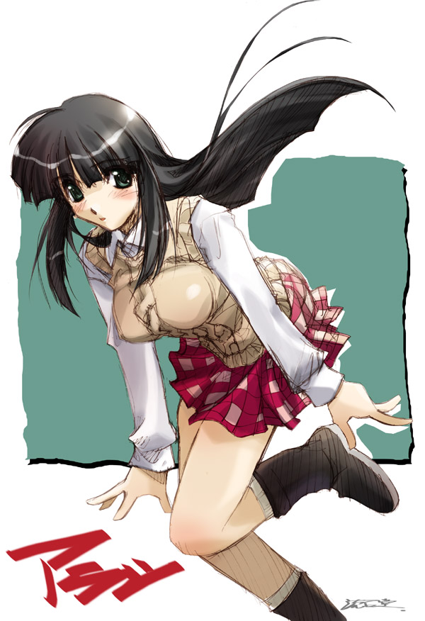 shinozuka arashi, gad guard, 00s, black hair, green eyes, long hair, plaid clothes, plaid skirt, skirt, solo, sweater, sweater vest, vest