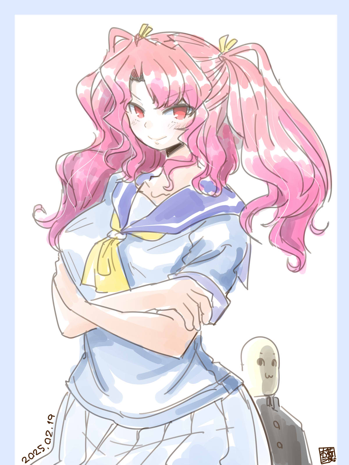 itini-sanshi, yaranaio, 2channel, commentary request, highres, 1boy, 1girl, :3, blue sailor collar, closed mouth, cowboy shot, crossed arms, dated, gakuran, long hair, looking at viewer, neckerchief, pink hair, pleated skirt, red eyes, sailor collar, school uniform, shirt, simple background, skirt, smile, solo focus, twintails, white background, white shirt, white skirt, yaranaiko, yellow neckerchief