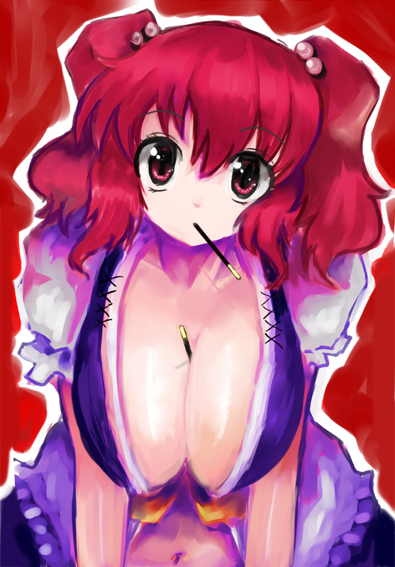 amii, onozuka komachi, touhou, bad id, bad pixiv id, 1girl, between breasts, breasts, cleavage, female focus, food, huge breasts, pocky, red hair, short hair, solo, twintails, two side up