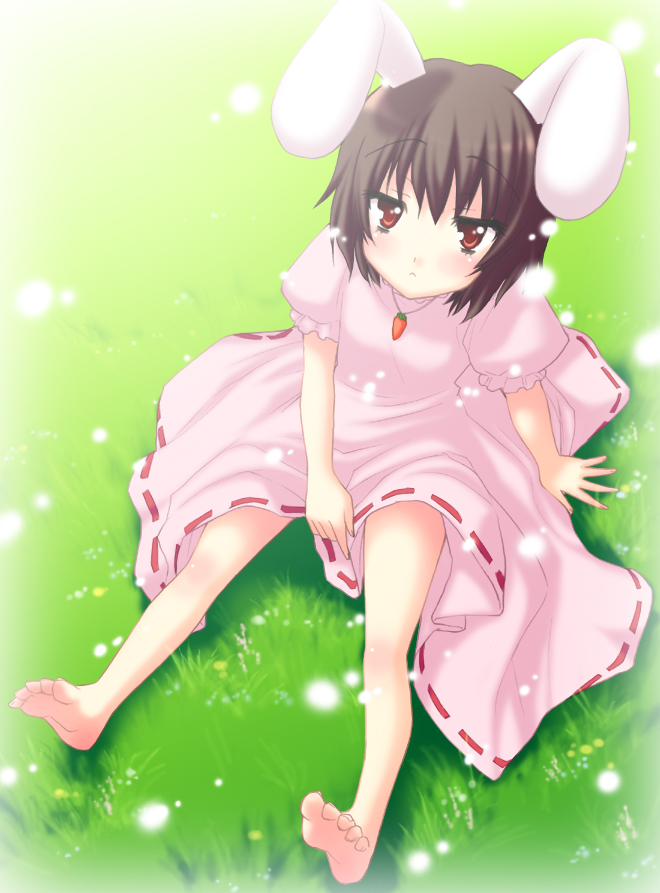 saki chisuzu, inaba tewi, touhou, 1girl, animal ears, barefoot, feet, female focus, full body, outdoors, plant, rabbit ears, short hair, sitting, soles, solo, toes
