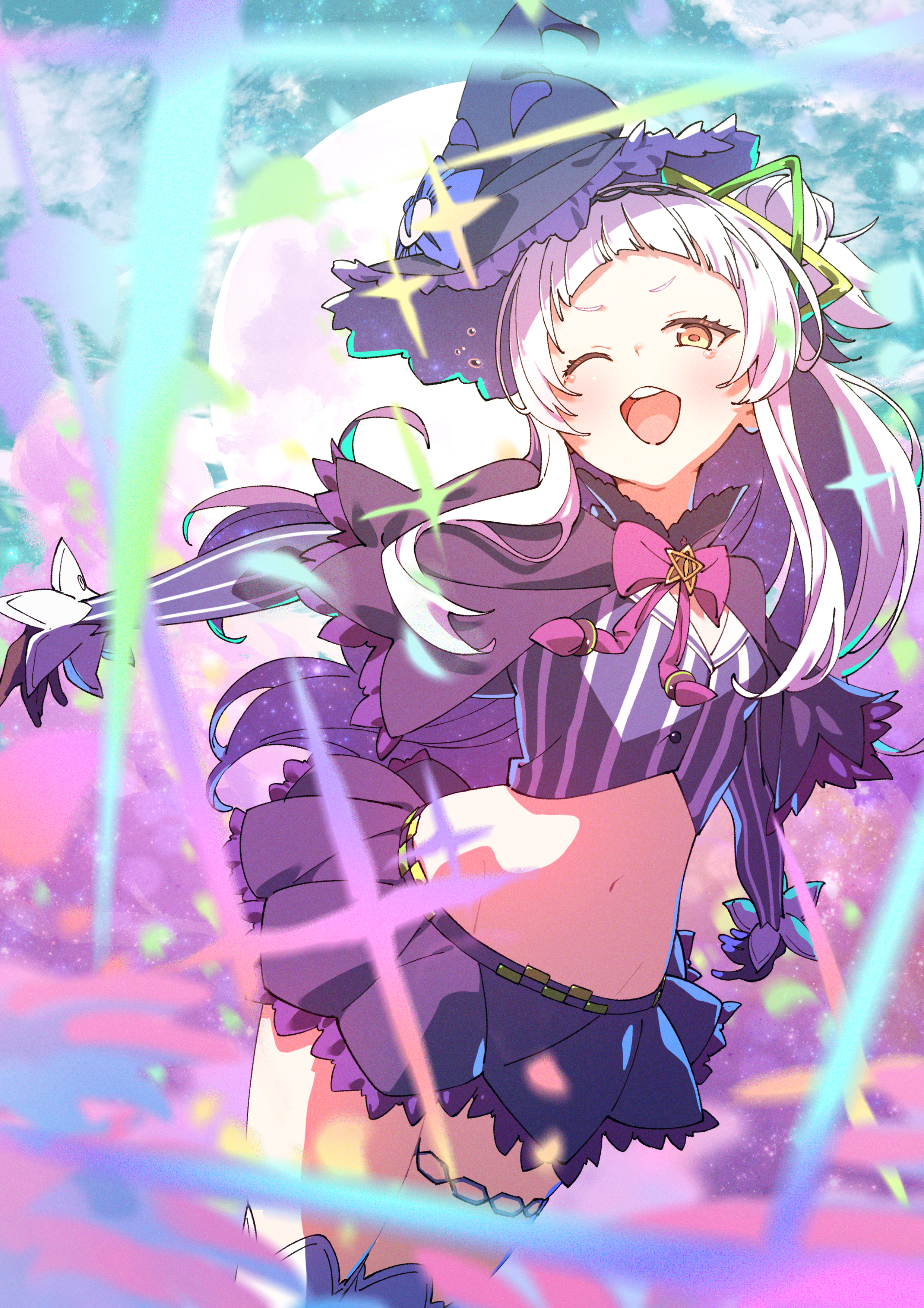 nashino (nashitsubu), murasaki shion, murasaki shion (1st costume), hololive, absurdres, commentary request, highres, 1girl, ;d, arched bangs, black capelet, black gloves, black hat, black skirt, bow, bowtie, capelet, flat chest, full moon, gloves, grey hair, grey thighhighs, hair bun, hat, hexagram hair ornament, jacket, jewelry, long hair, long sidelocks, long sleeves, looking at viewer, lowleg, lowleg skirt, microskirt, moon, navel, one eye closed, open mouth, pink bow, pink bowtie, purple jacket, short eyebrows, side up bun, sidelocks, single side bun, skirt, smile, solo, stomach, striped clothes, striped jacket, teeth, thighhighs, thighlet, tilted headwear, upper teeth only, vertical-striped clothes, vertical-striped jacket, virtual youtuber, witch hat, yellow eyes