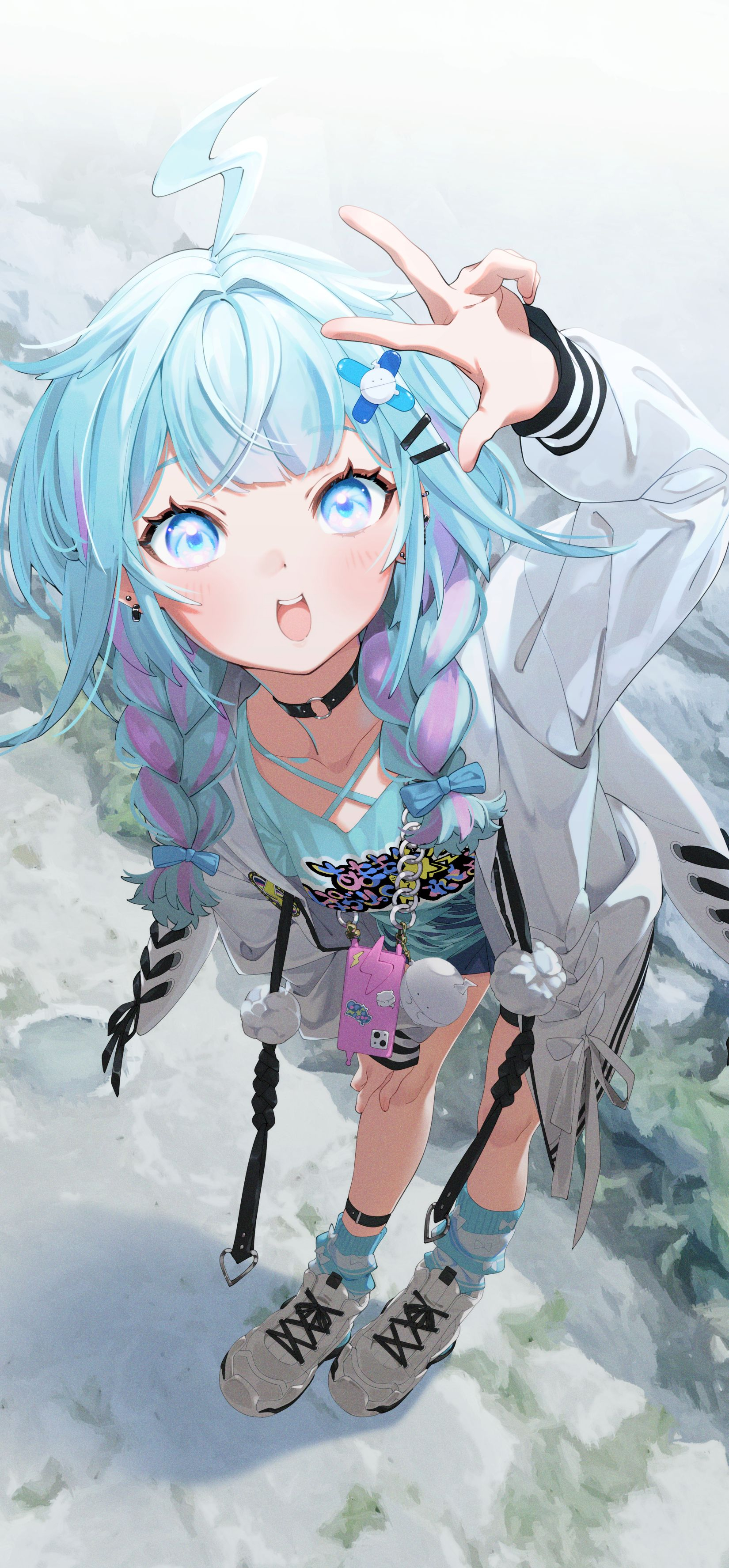 nashino (nashitsubu), mizumiya su, hololive, hololive dev is, absurdres, commentary request, highres, 1girl, ahoge, animal ears, black choker, blue eyes, blue hair, blue shirt, blue shorts, blue socks, braid, center-flap bangs, choker, day, full body, hair flaps, hair ornament, hairclip, hand on own knee, hand up, hood, hooded jacket, jacket, leaning forward, lightning ahoge, long hair, looking at viewer, loose socks, low twin braids, low twintails, multicolored hair, o-ring, o-ring choker, open mouth, outdoors, pink hair, shirt, shoes, short shorts, shorts, sneakers, socks, solo, streaked hair, striped clothes, striped socks, teeth, torn clothes, torn shirt, twin braids, twintails, upper teeth only, virtual youtuber, w, white jacket, white shoes