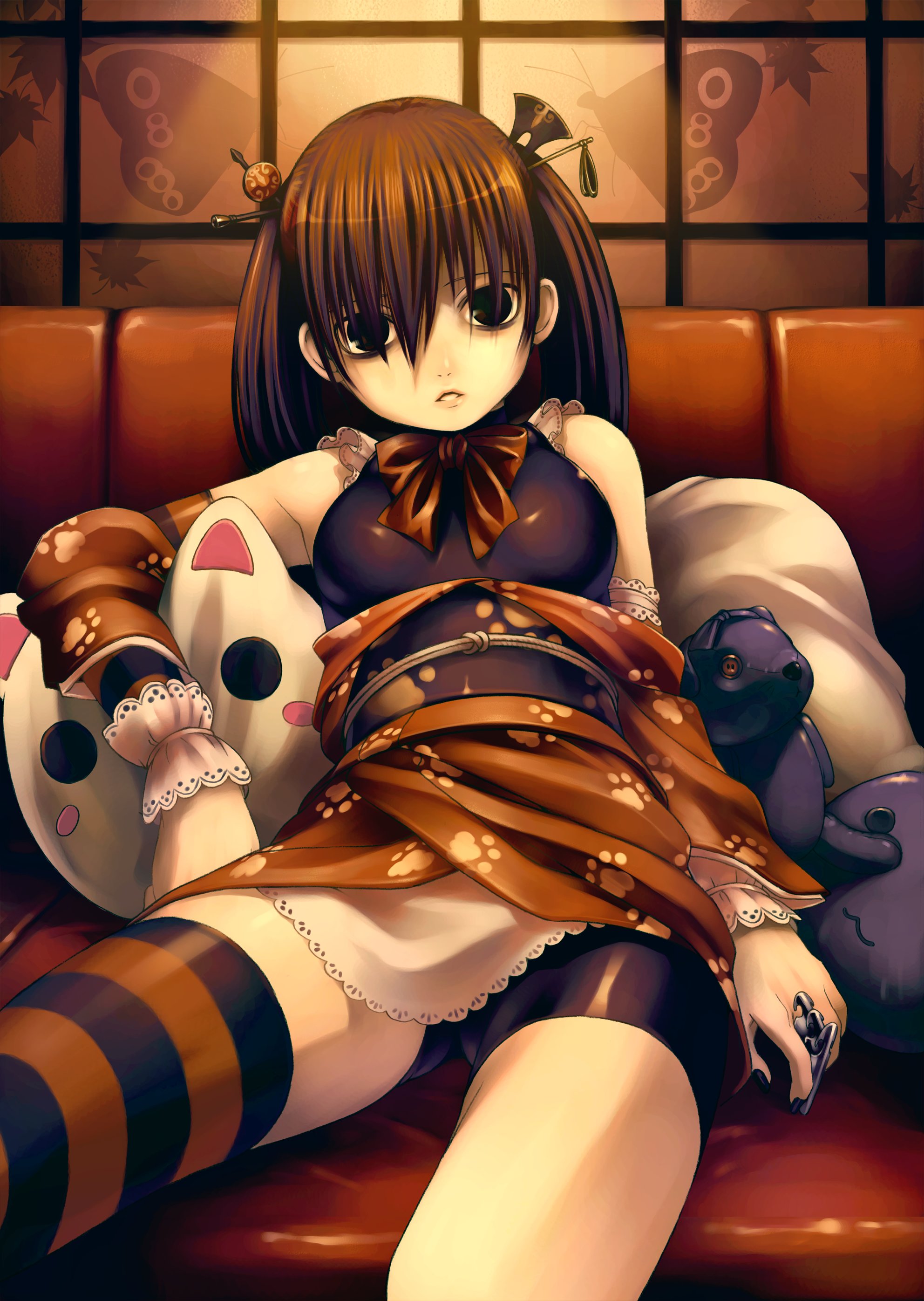 tasaka shinnosuke, absurdres, highres, 1girl, bike shorts, black eyes, black nails, brown hair, female focus, japanese clothes, lolita fashion, long hair, nail polish, solo, striped clothes, striped thighhighs, stuffed animal, stuffed toy, thighhighs, twintails, wa lolita