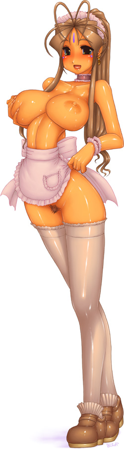 mashitaka, belldandy, aa megami-sama, long image, tall image, 1girl, apron, blush, bracelet, breasts, breasts squeezed together, choker, facial mark, female focus, female pubic hair, forehead mark, grabbing another's breast, groping, huge breasts, jewelry, large breasts, legs, long hair, maid, maid apron, naked apron, nipples, no panties, open mouth, pubic hair, shiny clothes, simple background, solo, thighhighs, uncensored, waist apron, white thighhighs, wrist cuffs