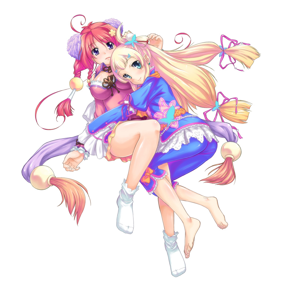 ardnades, bistro cupid, bistro cupid (series), cupid duo, 2girls, barefoot, blonde hair, blue eyes, butterfly hair ornament, earrings, feet, hair ornament, hug, jewelry, long hair, low-tied long hair, lying, multiple girls, purple eyes, red hair, socks, sphere hair ornament, twintails, white background, yuri