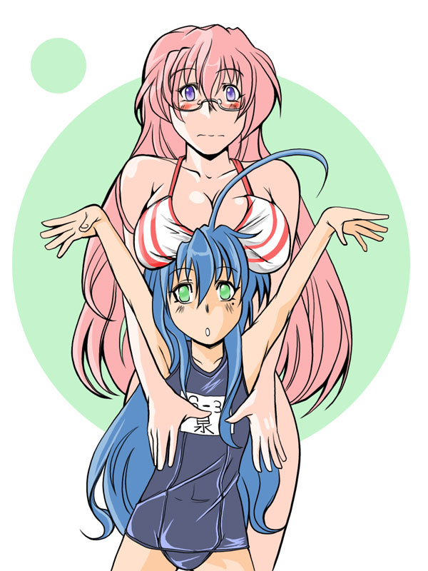 eljimadooor, izumi konata, takara miyuki, lucky star, bad id, bad pixiv id, 00s, 2girls, ahoge, between breasts, blue hair, breast press, breast rest, breasts, cleavage, glasses, green eyes, large breasts, long hair, mole, mole under eye, multiple girls, name tag, pink hair, purple eyes