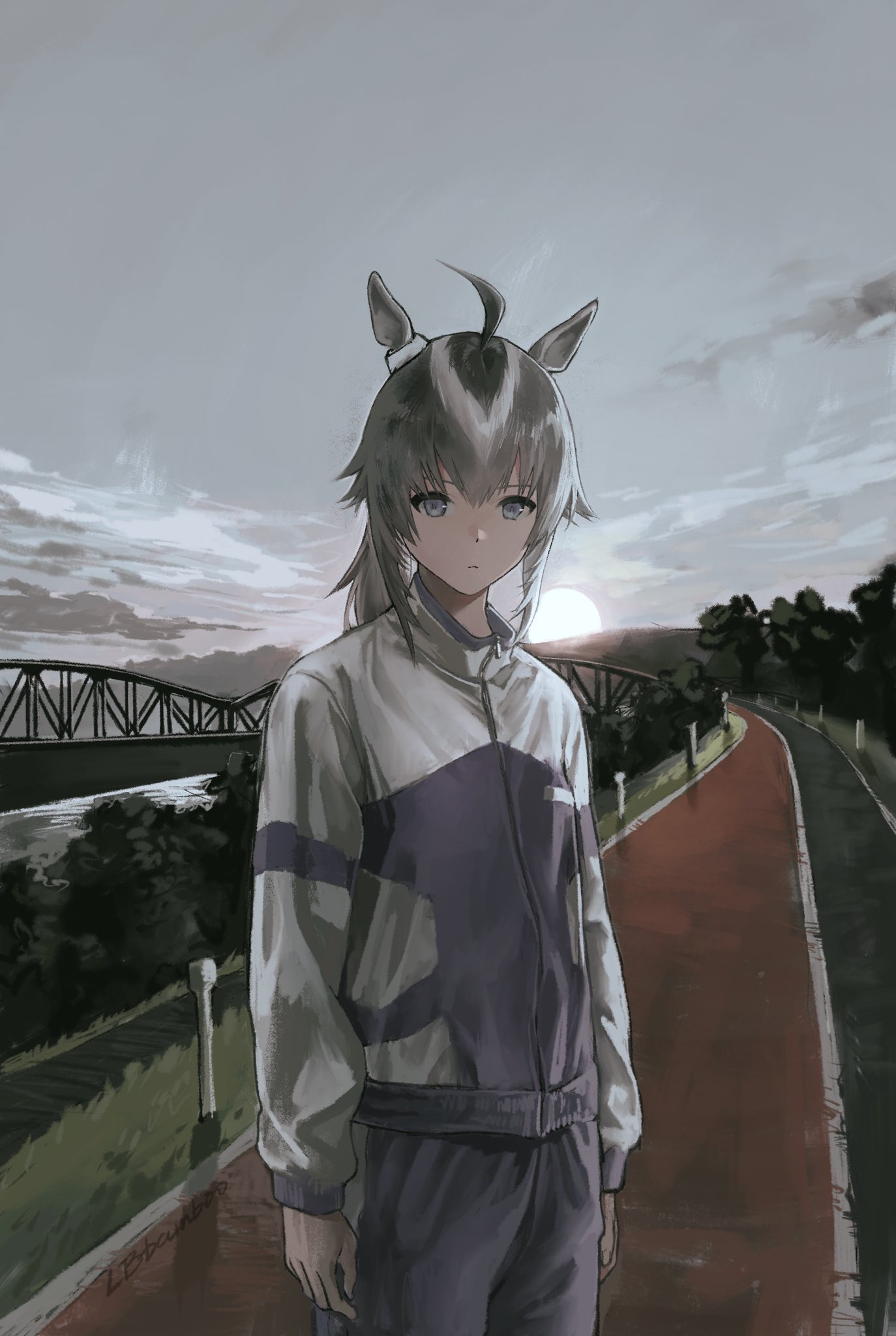 oguri cap (umamusume), umamusume, umamusume: cinderella gray, highres, 1girl, ahoge, animal ears, blue eyes, bridge, cloud, ear ornament, grey hair, grey tail, hair between eyes, horse ears, horse girl, horse tail, jacket, kasamatsu tracen training uniform, long hair, long sleeves, multicolored hair, multicolored jacket, outdoors, pants, purple jacket, purple pants, river, sky, solo, sunrise, tail, track jacket, track pants, track suit, tree, two-tone jacket, walkway, water, xrxlbbamboo