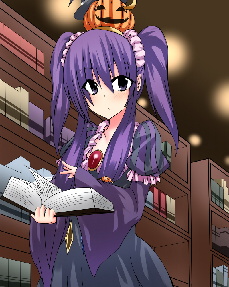 kyou (hibikit), nakatama kyou, patchouli knowledge, touhou, bad id, bad pixiv id, 1girl, alternate hairstyle, female focus, food-themed hair ornament, hair ornament, halloween, jack-o'-lantern, pumpkin, pumpkin hair ornament, solo, twintails