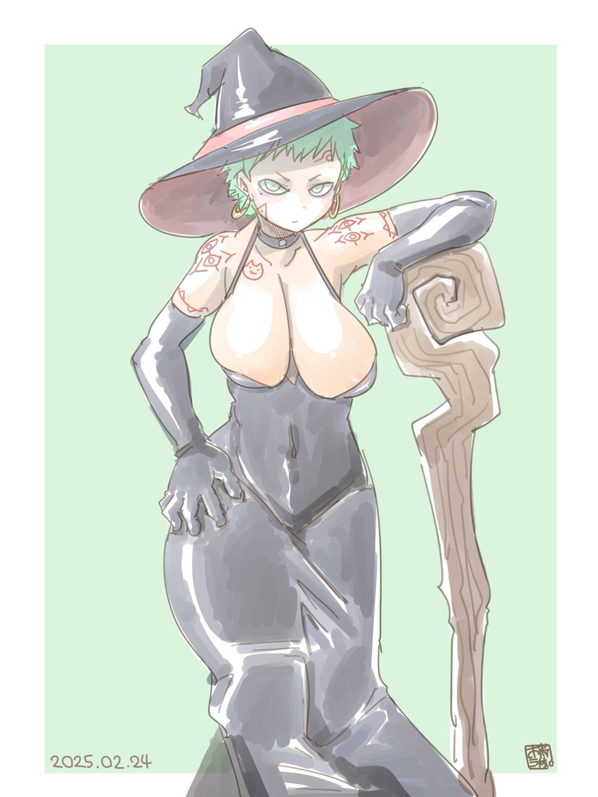 itini-sanshi, original, commentary request, highres, 1girl, areola slip, black dress, black gloves, black hat, breasts, cleavage, closed mouth, dated, dress, earrings, elbow gloves, eye tattoo, feet out of frame, gloves, green background, green eyes, green hair, hat, hoop earrings, jewelry, large breasts, looking at viewer, short bangs, short hair, shoulder tattoo, sleeveless, sleeveless dress, solo, staff, tattoo, two-tone background, white background, witch, witch hat