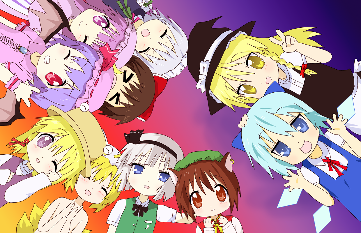 kimineri, chen, cirno, hakurei reimu, izayoi sakuya, kirisame marisa, konpaku youmu, moriya suwako, patchouli knowledge, remilia scarlet, yakumo ran, lucky star, touhou, silver hair, bad id, bad pixiv id, derivative work, 6+girls, animal ears, blonde hair, blue eyes, blue hair, bow, braid, brown eyes, brown hair, cat ears, cat girl, closed eyes, female focus, hair bow, hairband, hat, mob cap, multiple girls, one eye closed, parody, purple eyes, purple hair, red eyes, wings, wink, witch, witch hat, yellow eyes
