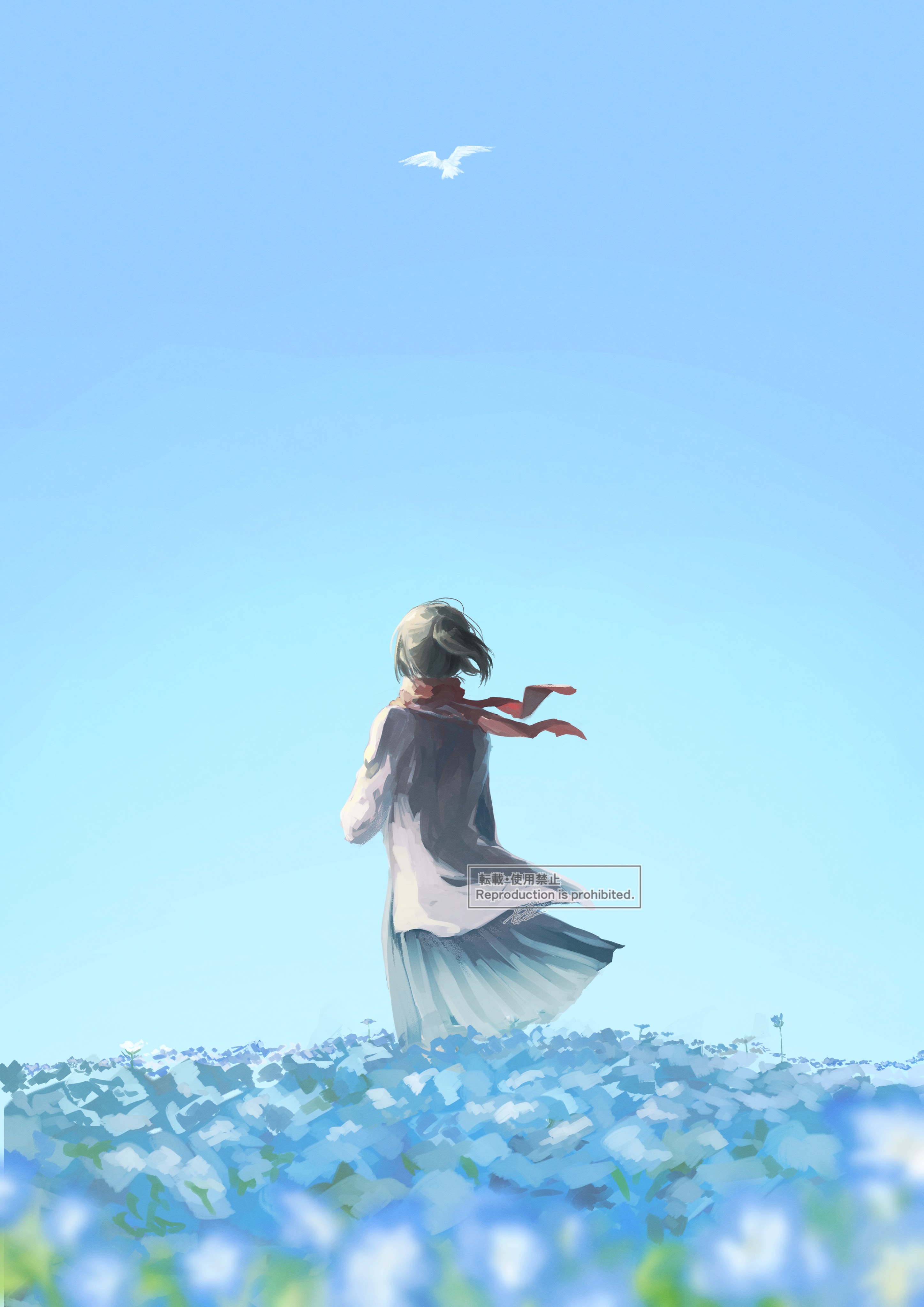 sngk ej0506, mikasa ackerman, shingeki no kyojin, absurdres, highres, 1girl, bird, black hair, blue flower, blue skirt, blue sky, blurry, blurry foreground, cardigan, facing away, field, flower, flower field, flying, forget-me-not (flower), from behind, long hair, long skirt, looking up, pink cardigan, ponytail, red scarf, scarf, skirt, sky, solo, white bird