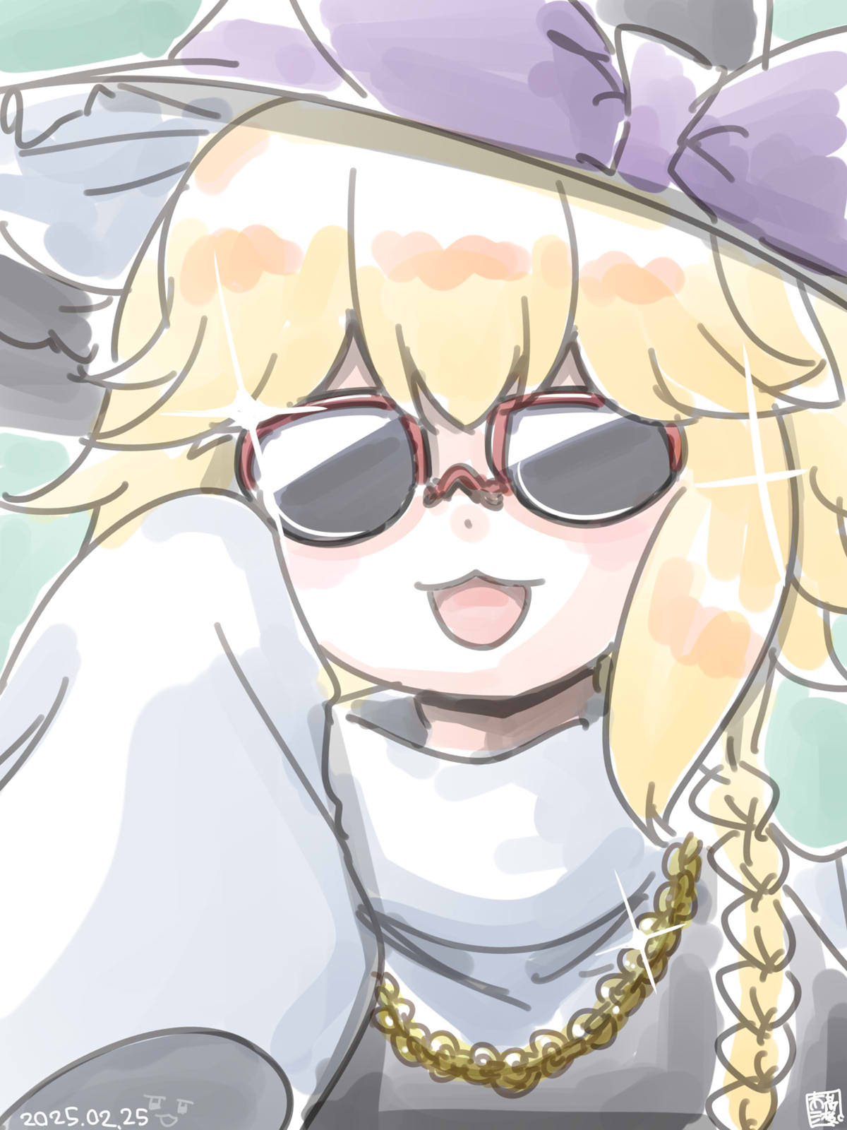 itini-sanshi, kirisame marisa, yuuhi (cookie), cookie (touhou), touhou, commentary request, highres, 1girl, black hat, blonde hair, blue background, bow, braid, chain, chain necklace, dated, hat, hat bow, jewelry, necklace, open mouth, portrait, purple hat, red-framed eyewear, shirt, short hair, side braid, single braid, sleeves past fingers, sleeves past wrists, smile, solo, sunglasses, white shirt, witch hat