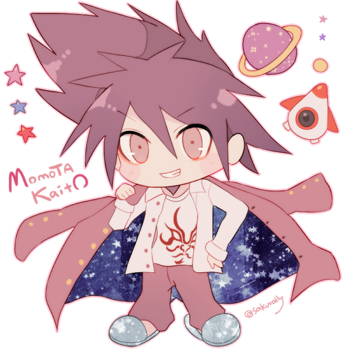 sakura (fein5862817), momota kaito, danganronpa (series), danganronpa v3: killing harmony, commentary request, lowres, 1boy, blue coat, blue slippers, blush stickers, buttons, character name, chibi, coat, coat on shoulders, collared jacket, facial hair, flame print, goatee, gold buttons, grin, hair between eyes, happy, holding, holding coat, holding unworn clothes, jacket, long sleeves, male focus, messy hair, open clothes, open jacket, outline, pants, pink outline, planet, planetary ring, print coat, print shirt, print slippers, purple coat, purple eyes, purple hair, purple pants, rocket, shirt, short hair, simple background, sleeve cuffs, slippers, smile, solo, space print, spiked hair, standing, star (symbol), star print, starry sky print, twitter username, two-sided coat, two-sided fabric, unworn coat, v-shaped eyebrows, white background, white jacket, white shirt