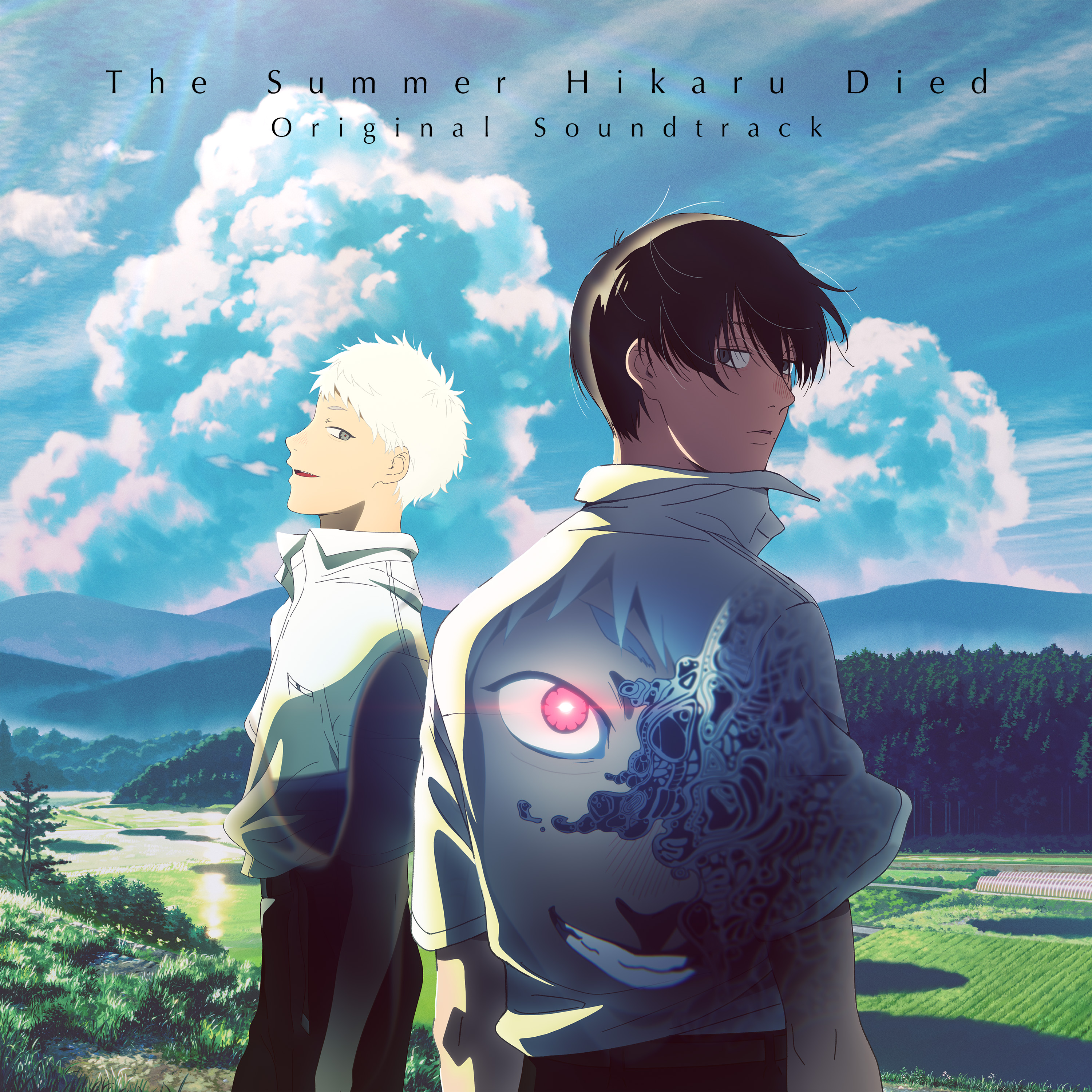 takahashi yuuichi, indou hikaru, tsujinaka yoshiki, hikaru ga shinda natsu, absurdres, highres, official art, 2boys, album cover, black hair, blue sky, cloud, cloudy sky, collared shirt, cover, day, english text, looking at viewer, male focus, multiple boys, pocket, pov, pov hair, red pupils, school uniform, shirt, short hair, short sleeves, sky, smile, solo focus, teeth, upper teeth only, white hair, white shirt