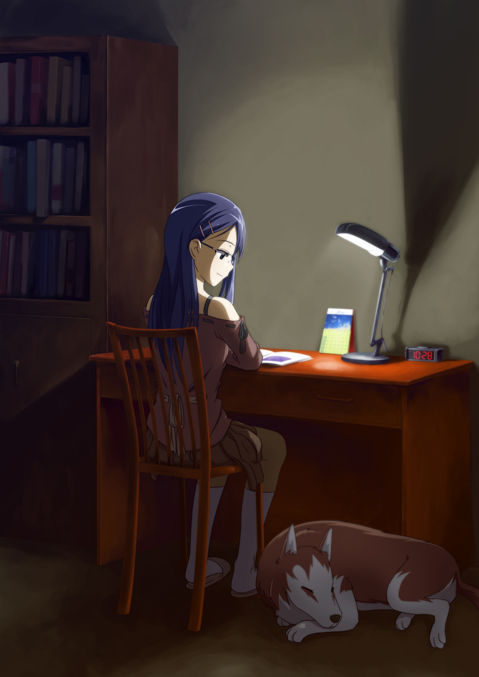 ardnades, original, white legwear, 1girl, animal, bare shoulders, blue eyes, blue hair, book, dog, female focus, glasses, hair ornament, hairclip, indoors, lamp, long hair, matching hair/eyes, open book, pleated skirt, reading, sitting, skirt, slice of life, slippers, smile, solo