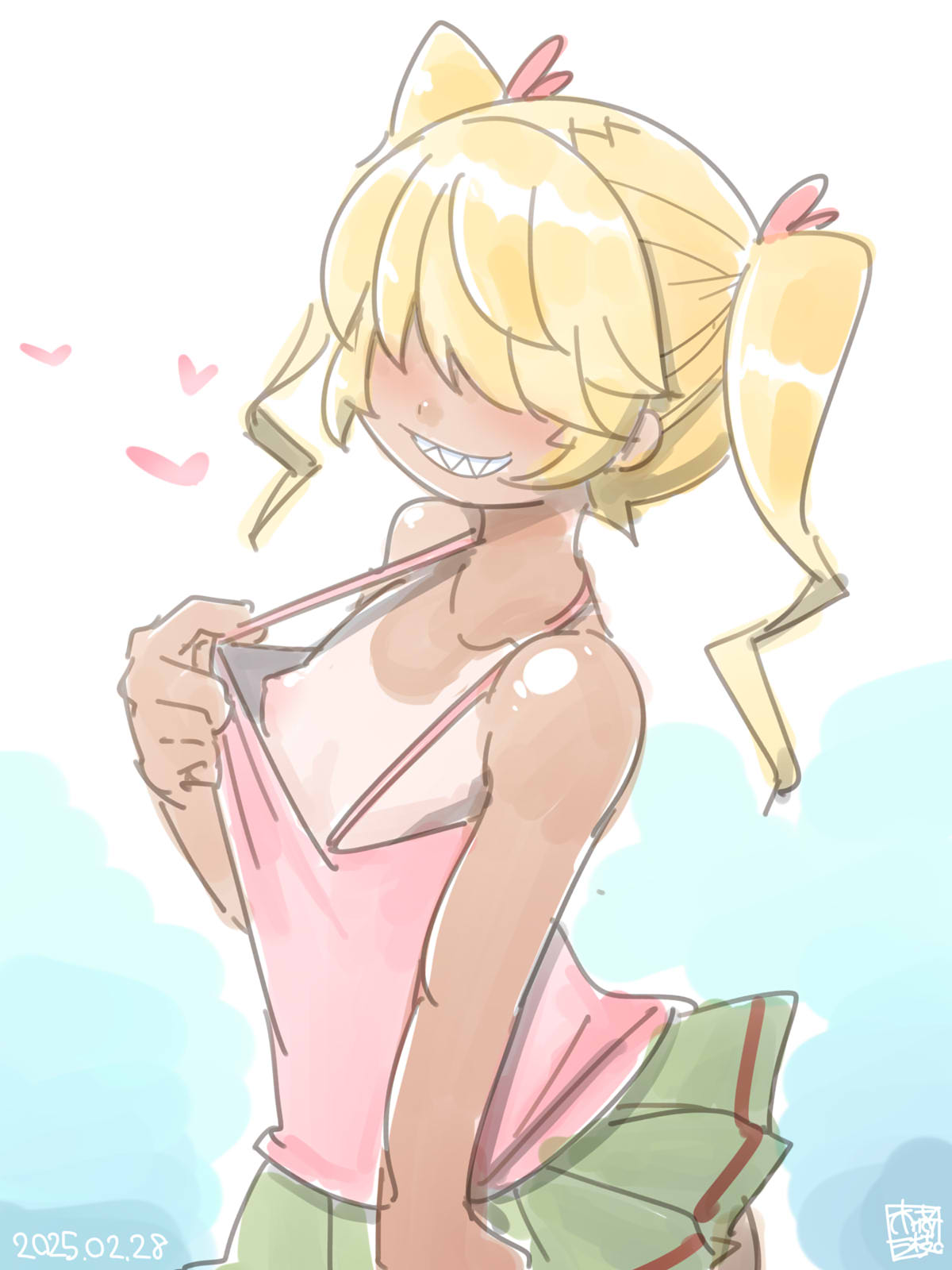 itini-sanshi, original, highres, 1girl, blonde hair, blue background, blush, camisole, camisole pull, clothes pull, cowboy shot, dated, flashing, flat chest, green skirt, grin, heart, medium hair, nipples, no bra, pink camisole, pleated skirt, sharp teeth, skirt, smile, solo, tan, tanline, teeth, twintails, white background