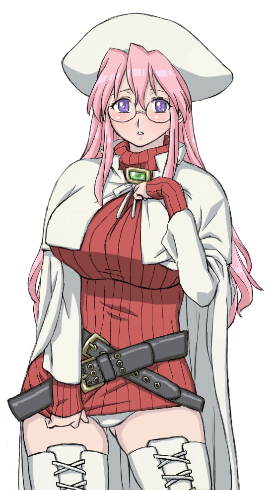hisakawa riho, hishagawariho, aty, aty (summon night), takara miyuki, lucky star, summon night, summon night 3, bad id, bad pixiv id, 1girl, aty (cosplay), aty (summon night) (cosplay), belt, belt skirt, breasts, cosplay, female focus, glasses, hat, huge breasts, long hair, panties, pink hair, purple eyes, solo, sweater, thighhighs, underwear, zettai ryouiki