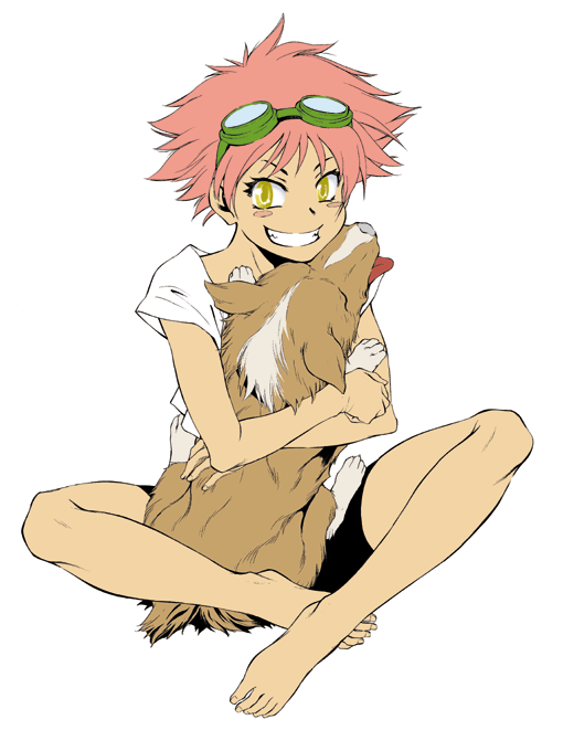 kurenai karasu, edward wong hau pepelu tivrusky iv, ein (cowboy bebop), cowboy bebop, 1990s (style), 1girl, androgynous, barefoot, bike shorts, blush stickers, crossed legs, dog, feet, female focus, goggles, grin, hug, indian style, karasu (pixiv81454), red hair, retro artstyle, reverse trap, short hair, sitting, smile, solo, tomboy, welsh corgi, yellow eyes