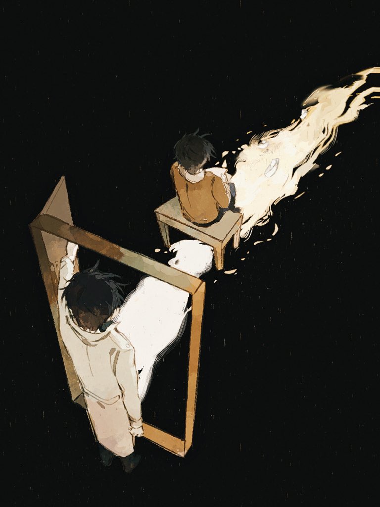 kim dokja, omniscient reader's viewpoint, 2boys, bench, black background, black hair, breathing742105, coat, crack of light, doorway, dual persona, from above, full body, male focus, multiple boys, oldest dream, open door, short hair, simple background, sitting, vest, white coat, yellow vest