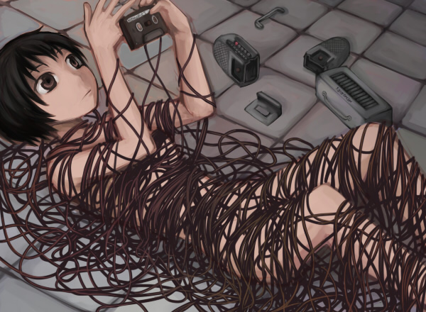 yajirushi (chanoma), original, 1girl, black hair, broken, brown eyes, cassette tape, censored, convenient censoring, covering privates, female focus, floor, lying, nude, nude cover, radio, short hair, solo