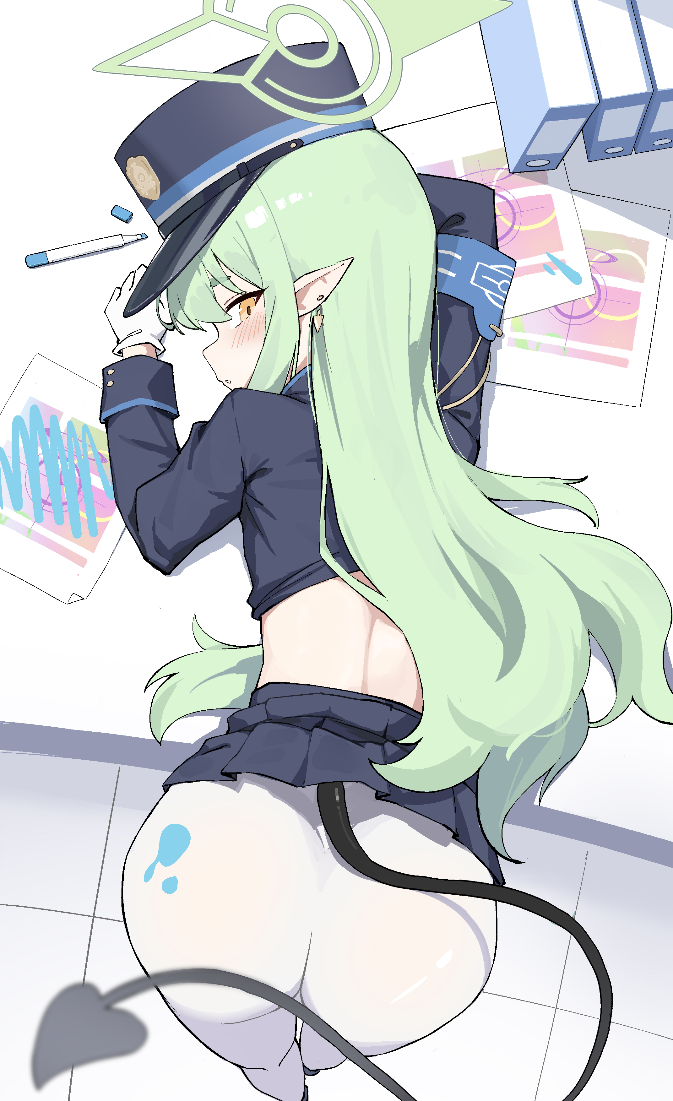 kaminari (edeath), hikari (blue archive), blue archive, absurdres, commentary, highres, 1girl, armband, ass, back, bent over, bent over furniture, black jacket, black skirt, black tail, blue armband, blush, clothes lift, cropped jacket, demon tail, desk, earrings, from behind, gloves, green hair, green halo, hair between eyes, halo, hat, jacket, jewelry, long hair, long sleeves, looking at viewer, looking back, pantyhose, parted lips, peaked cap, pleated skirt, pointy ears, sidelocks, skirt, skirt lift, solo, tail, very long hair, white gloves, white pantyhose, yellow eyes