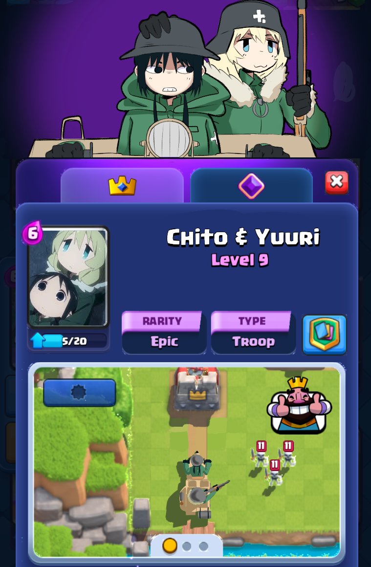 soto robo, chito (shoujo shuumatsu ryokou), kettenkrad, yuuri (shoujo shuumatsu ryokou), clash royale, shoujo shuumatsu ryokou, hashtag-only commentary, 1boy, 2girls, :3, black eyes, black hair, blonde hair, blue eyes, brodie helmet, castle, clenched teeth, coat, combat helmet, english text, fake screenshot, from above, fur trim, green coat, green pants, grey helmet, hand on another's head, helmet, holding, holding weapon, long hair, long sleeves, military uniform, multiple girls, pants, stahlhelm, teeth, twintails, weapon