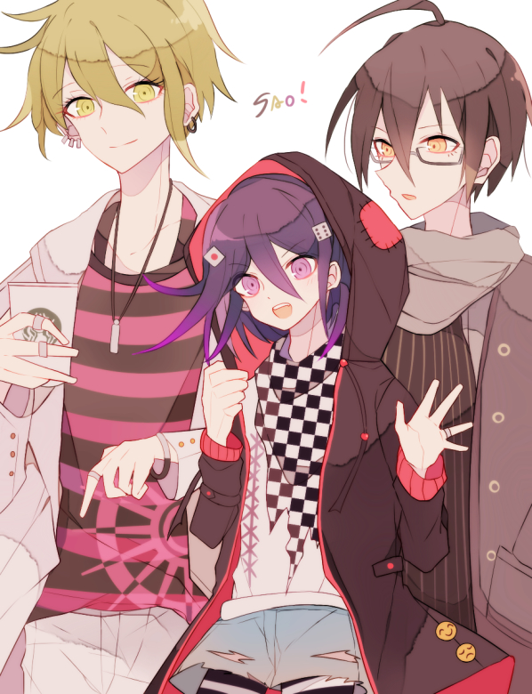 sakura (fein5862817), amami rantaro, oma kokichi, saihara shuichi, danganronpa (series), danganronpa v3: killing harmony, starbucks, commentary request, 3boys, adapted costume, ahoge, bespectacled, black hair, black jacket, black scarf, black shirt, black thighhighs, blue shorts, checkered clothes, checkered scarf, clenched hand, closed mouth, coat, collared coat, cowboy shot, cross-laced clothes, cross-laced top, cup, denim, denim shorts, dice hair ornament, disposable coffee cup, disposable cup, dot nose, drink, ear piercing, earrings, expressionless, glasses, green eyes, green hair, grey-framed eyewear, grey coat, grey scarf, hair between eyes, hair ornament, hand in pocket, happy, height difference, holding, holding drink, hood, hood down, hooded jacket, hoop earrings, jacket, jeans, jewelry, lapels, long hair between eyes, male focus, medium hair, multiple boys, multiple piercings, notched lapels, open clothes, open coat, open jacket, pants, patch, pendant, piercing, pink shirt, pinstripe jacket, pinstripe pattern, pointy nose, purple hair, red jacket, ring, scarf, shirt, short shorts, shorts, simple background, single earring, striped clothes, striped shirt, striped thighhighs, thighhighs, torn clothes, torn scarf, torn shorts, two-sided fabric, two-sided jacket, two-tone scarf, two-tone shirt, two-tone thighhighs, unmoving pattern, waving, white background, white coat, white pants, white scarf, white shirt, white thighhighs